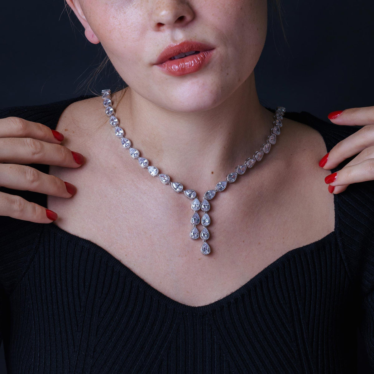 Rhodium Plated 925 Sterling Silver CZ Tear Drop Dangle Bridal Necklace - STP01839