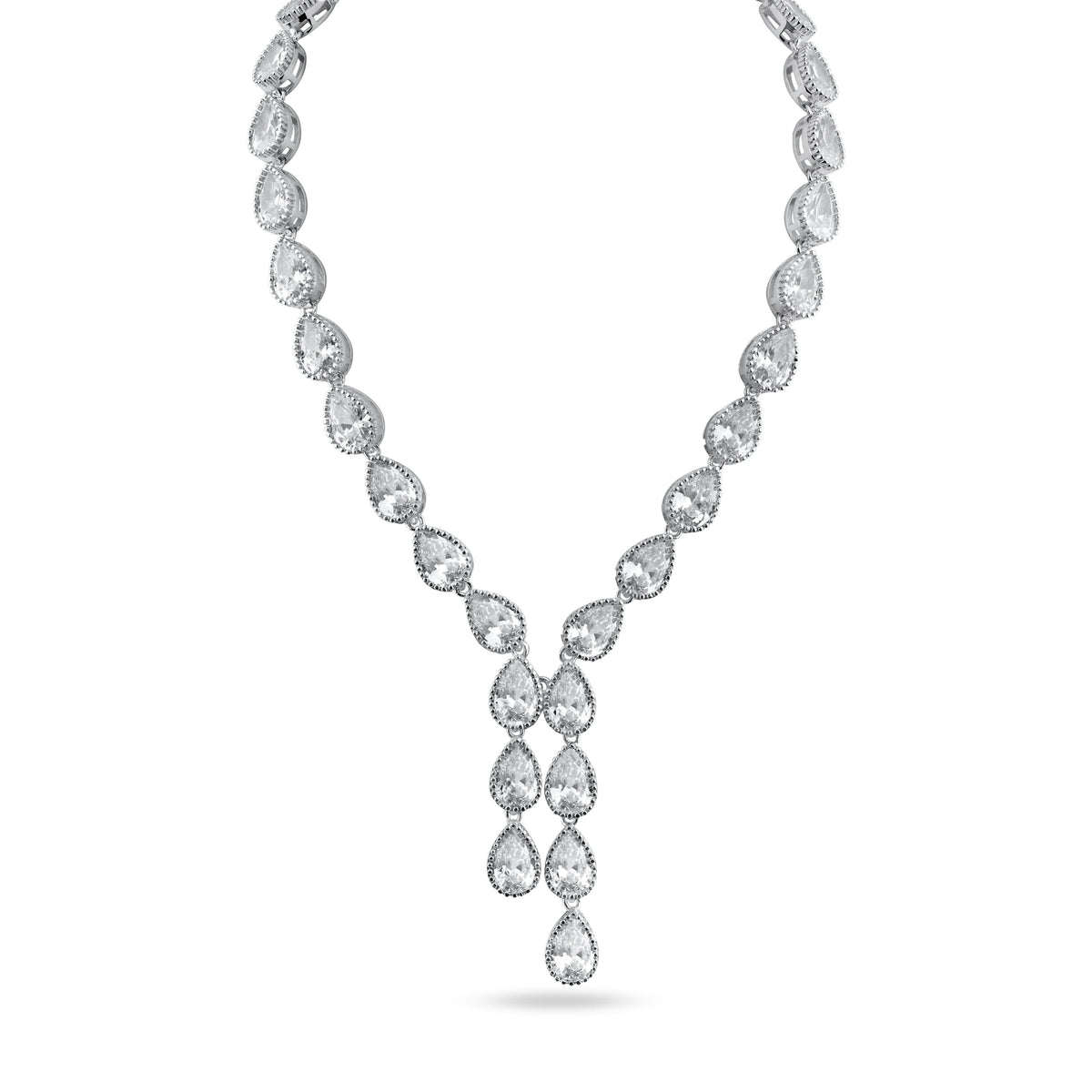 Rhodium Plated 925 Sterling Silver CZ Tear Drop Dangle Bridal Necklace - STP01839