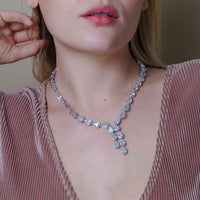 Rhodium Plated 925 Sterling Silver CZ Tear Drop Dangle Bridal Necklace - STP01839