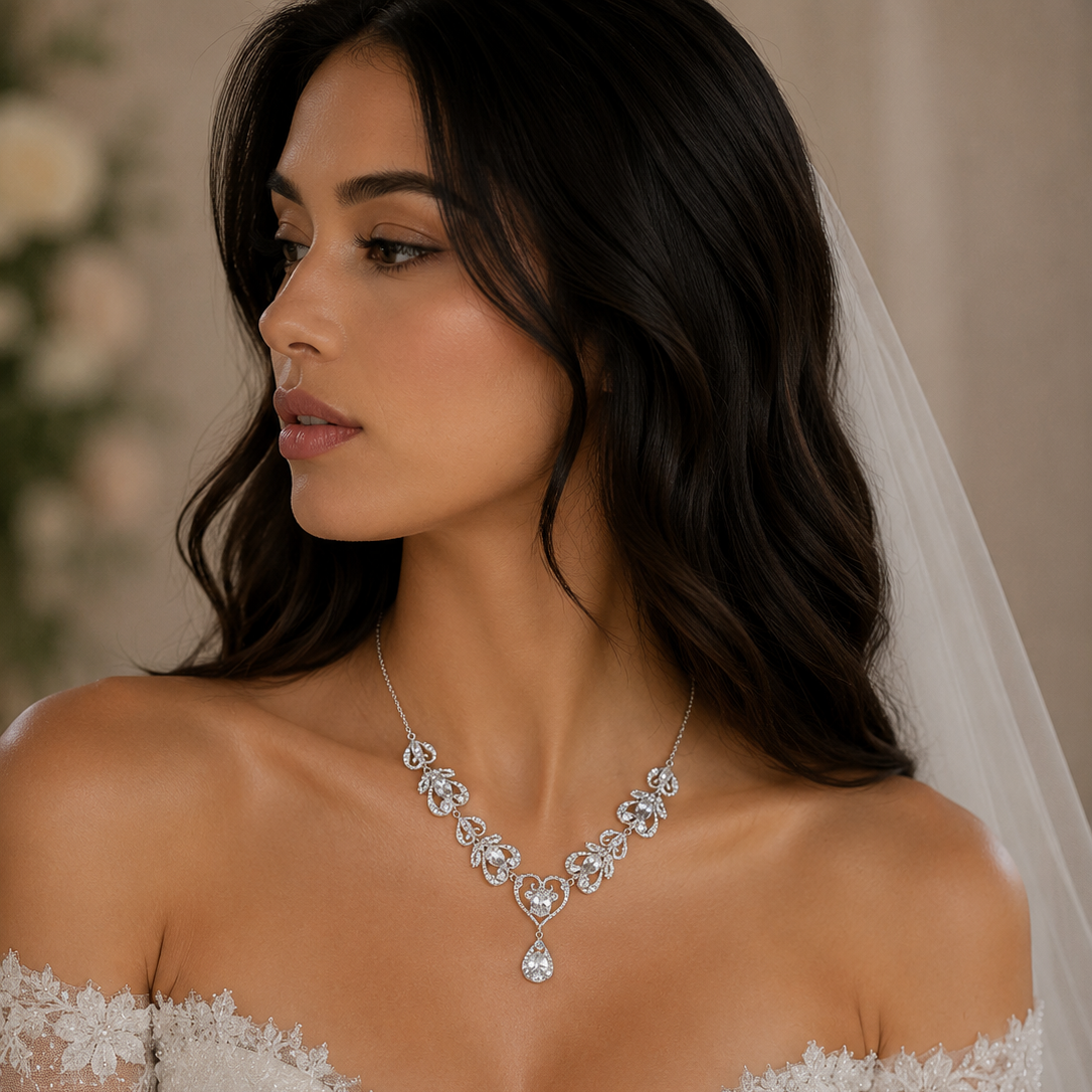 Rhodium Plated 925 Sterling Silver Victorian Hearts Teardrop Clear CZ Bridal Necklace - STP01841