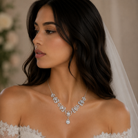 Rhodium Plated 925 Sterling Silver Victorian Hearts Teardrop Clear CZ Bridal Necklace - STP01841