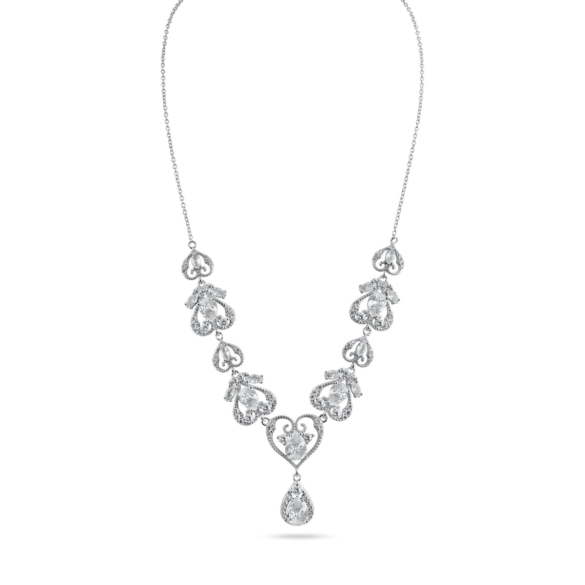 Rhodium Plated 925 Sterling Silver Victorian Hearts Teardrop Clear CZ Bridal Necklace - STP01841