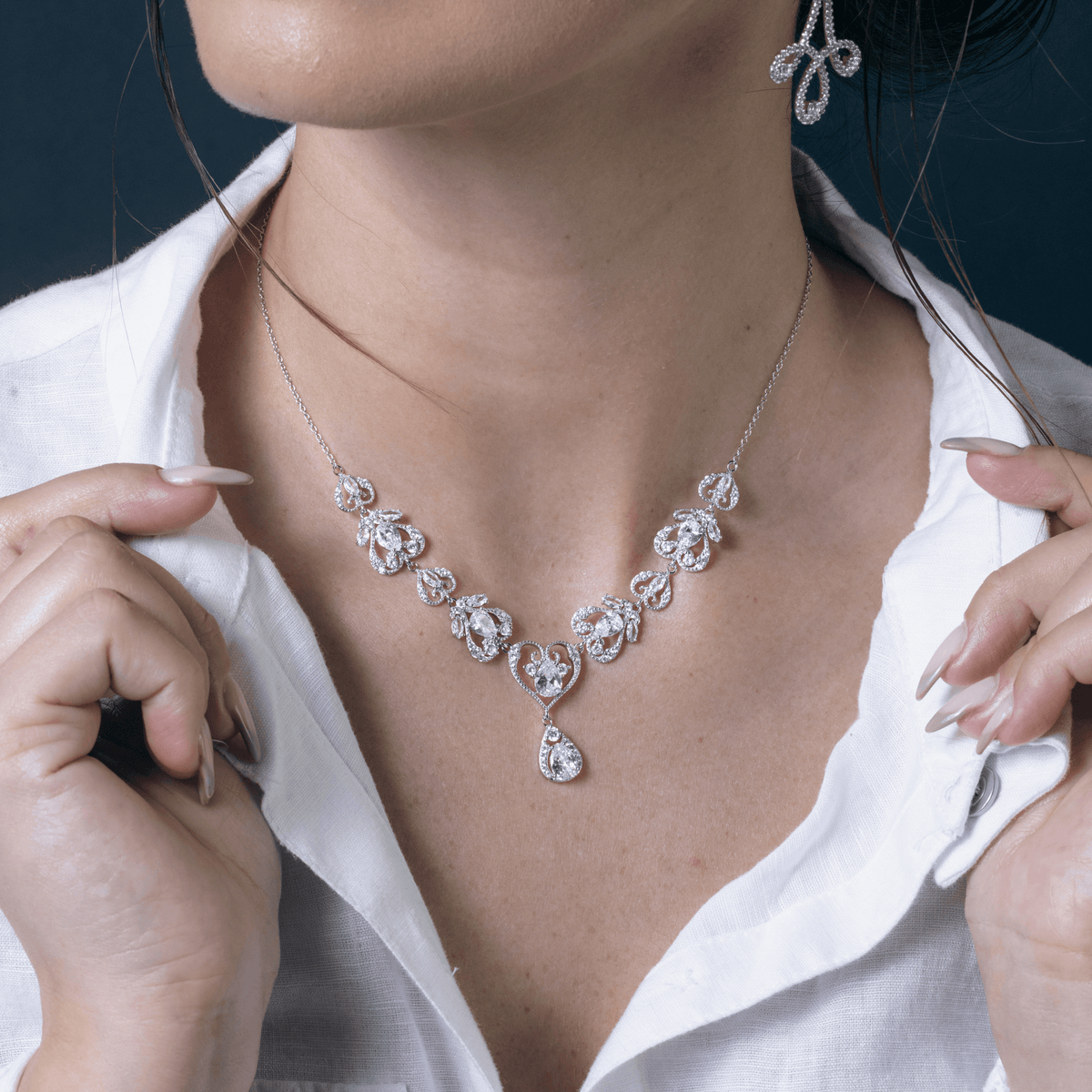 Rhodium Plated 925 Sterling Silver Victorian Hearts Teardrop Clear CZ Bridal Necklace - STP01841