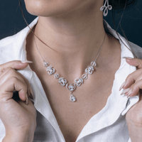 Rhodium Plated 925 Sterling Silver Victorian Hearts Teardrop Clear CZ Bridal Necklace - STP01841