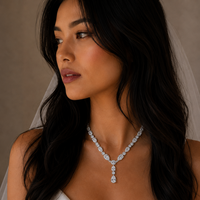 Rhodium Plated 925 Sterling Silver CZ Chunky Tear Drop Bridal Necklace- STP01850