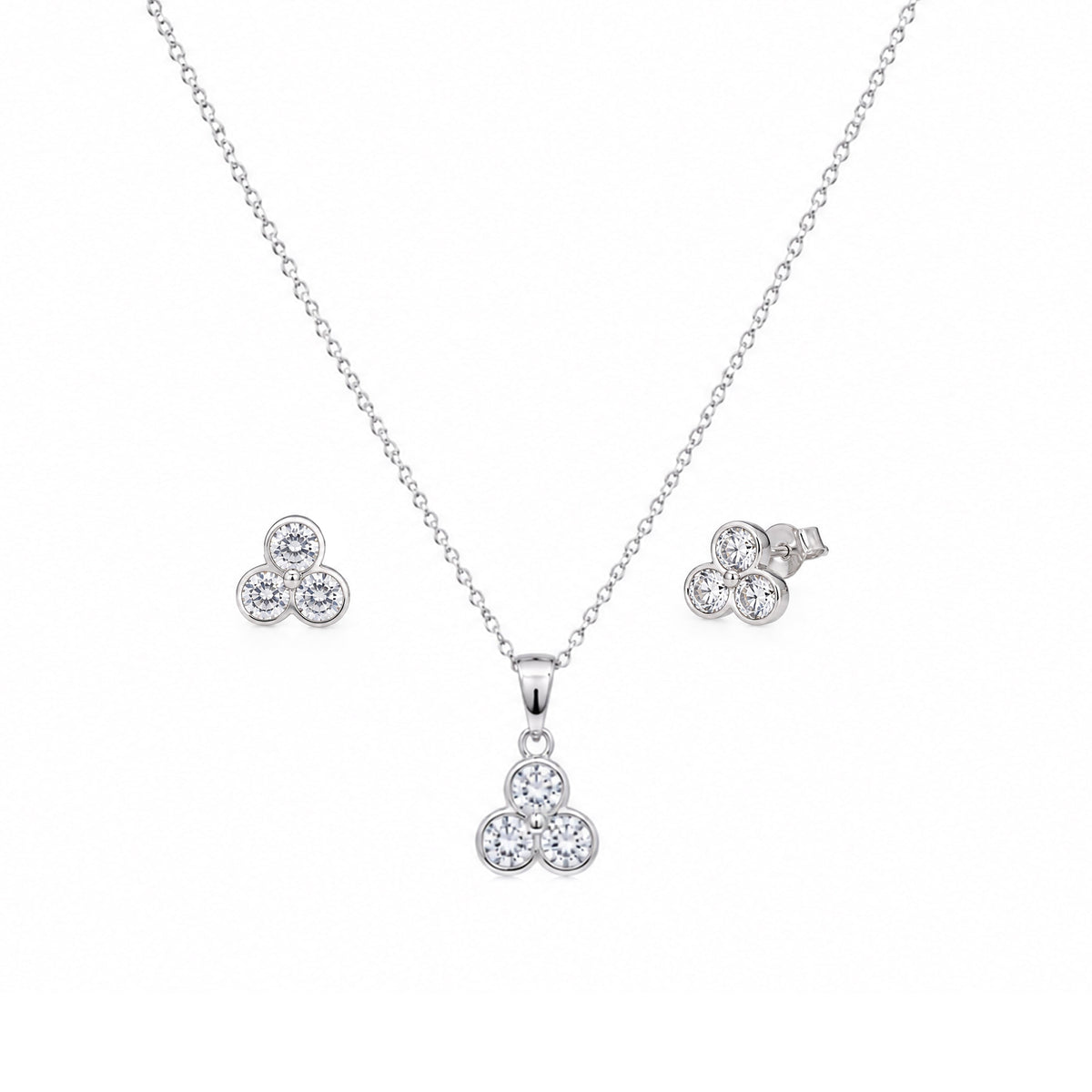 Rhodium Plated 925 Silver Trefoil CZ Stud Earring and Necklace Set - STS00013