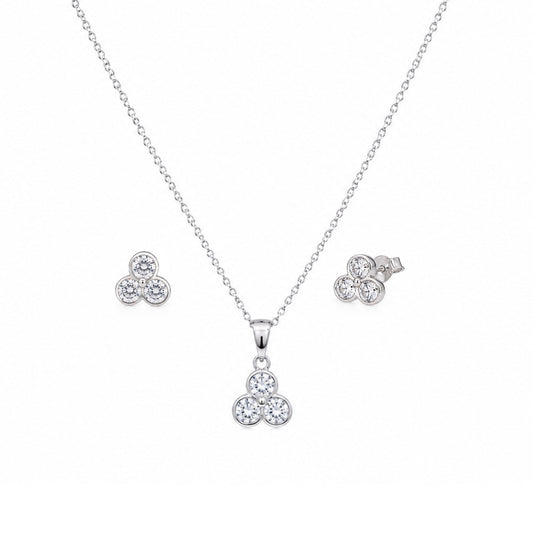 Rhodium Plated 925 Silver Trefoil CZ Stud Earring and Necklace Set - STS00013