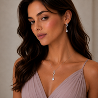 Rhodium Plated 925 Silver Open Teardrop CZ Dangling Stud Earring and Necklace Bridal Set - STS00074