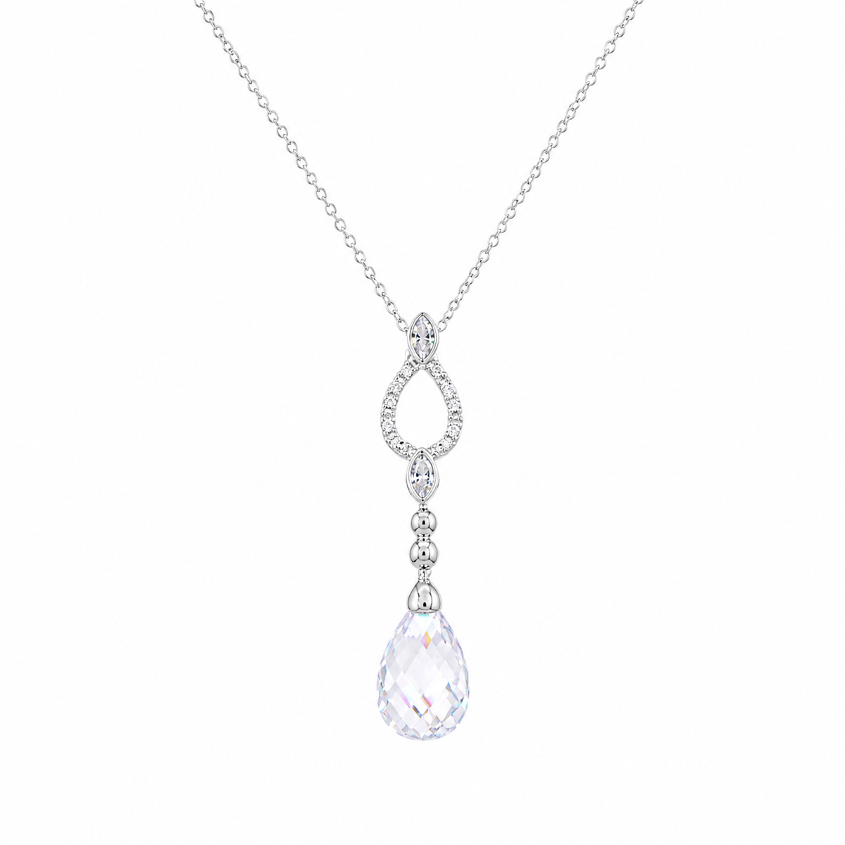 Rhodium Plated 925 Silver Open Teardrop CZ Dangling Stud Earring and Necklace Bridal Set - STS00074