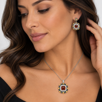 Final Price-Two-Tone Oxidized Brown Stone & CZ Square Pendant and Dangle Earring Jewelry Set- STS00093