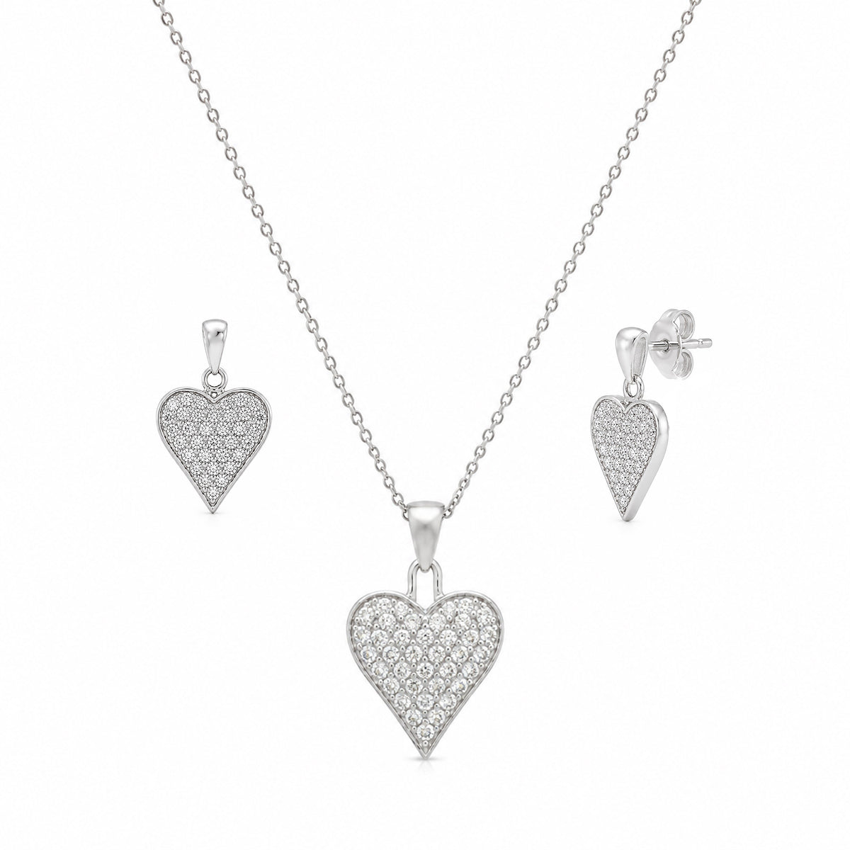 Rhodium Plated 925 Sterling Silver Heart CZ Stud Earring and Necklace Set - STS00164