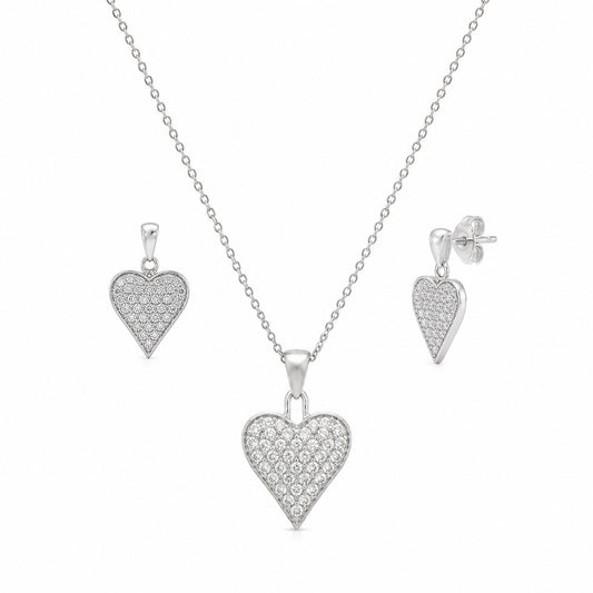 Rhodium Plated 925 Sterling Silver Heart CZ Stud Earring and Necklace Set - STS00164