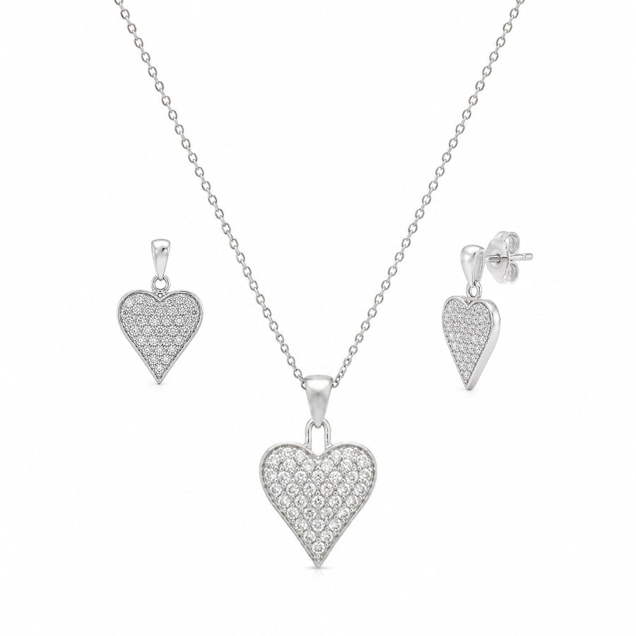Rhodium Plated 925 Sterling Silver Heart CZ Stud Earring and Necklace Set - STS00164