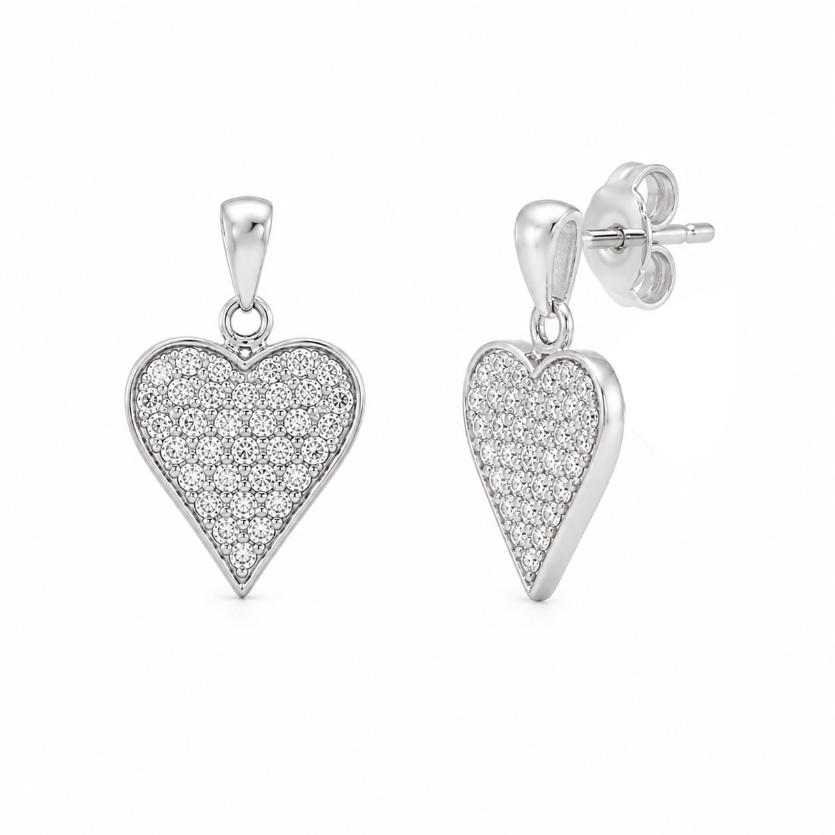 Rhodium Plated 925 Sterling Silver Heart CZ Stud Earring and Necklace Set - STS00164