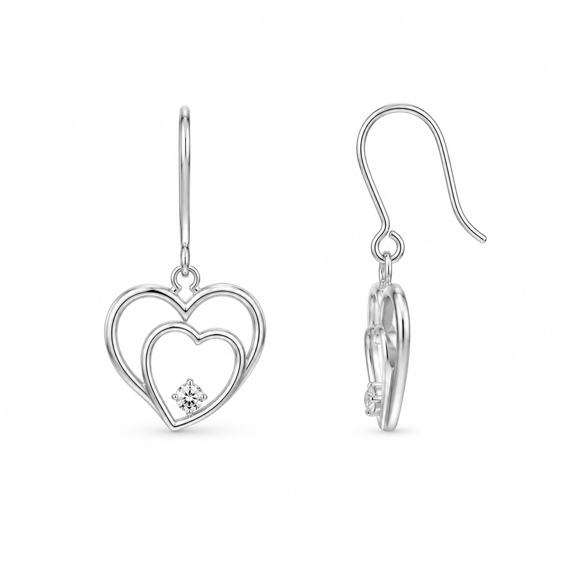 Rhodium Plated 925 Silver Graduated Open Heart CZ Dangling Hook Earring and Necklace Set - STS00176