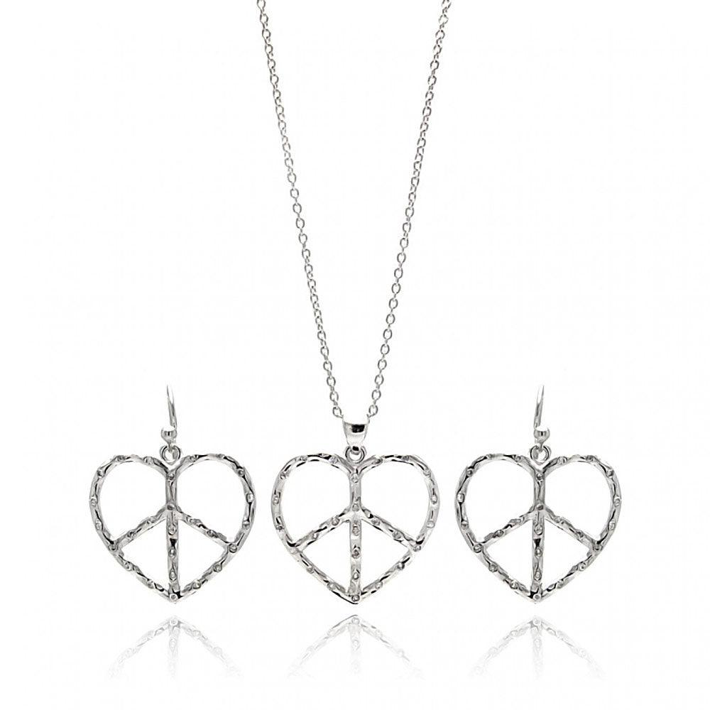 Clearance - Silver 925 Rhodium Plated Open Peace Sign Heart CZ Dangling Hook Earring and Necklace Set - STS00218
