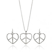 Clearance - Silver 925 Rhodium Plated Open Peace Sign Heart CZ Dangling Hook Earring and Necklace Set - STS00218