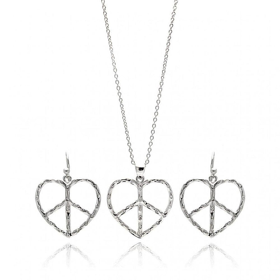 Clearance - Silver 925 Rhodium Plated Open Peace Sign Heart CZ Dangling Hook Earring and Necklace Set - STS00218
