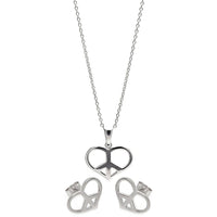 Clearance - Silver 925 Rhodium Plated Open Heart Peace Sign CZ Stud Earring and Necklace Set - STS00234