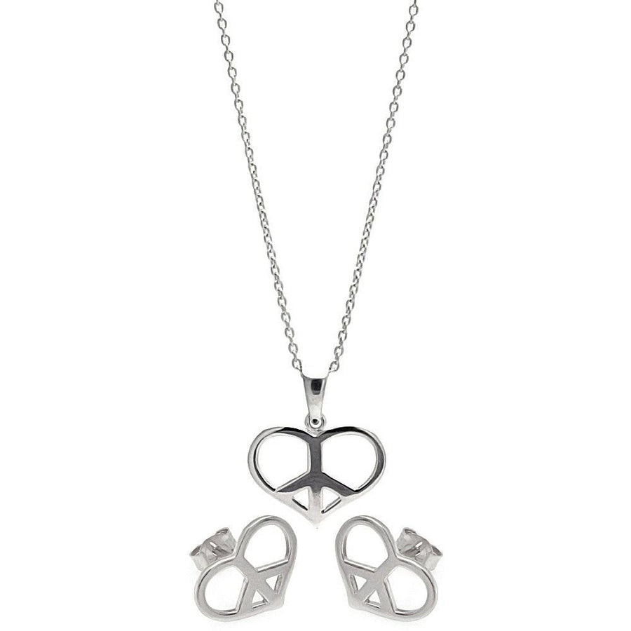 Clearance - Silver 925 Rhodium Plated Open Heart Peace Sign CZ Stud Earring and Necklace Set - STS00234