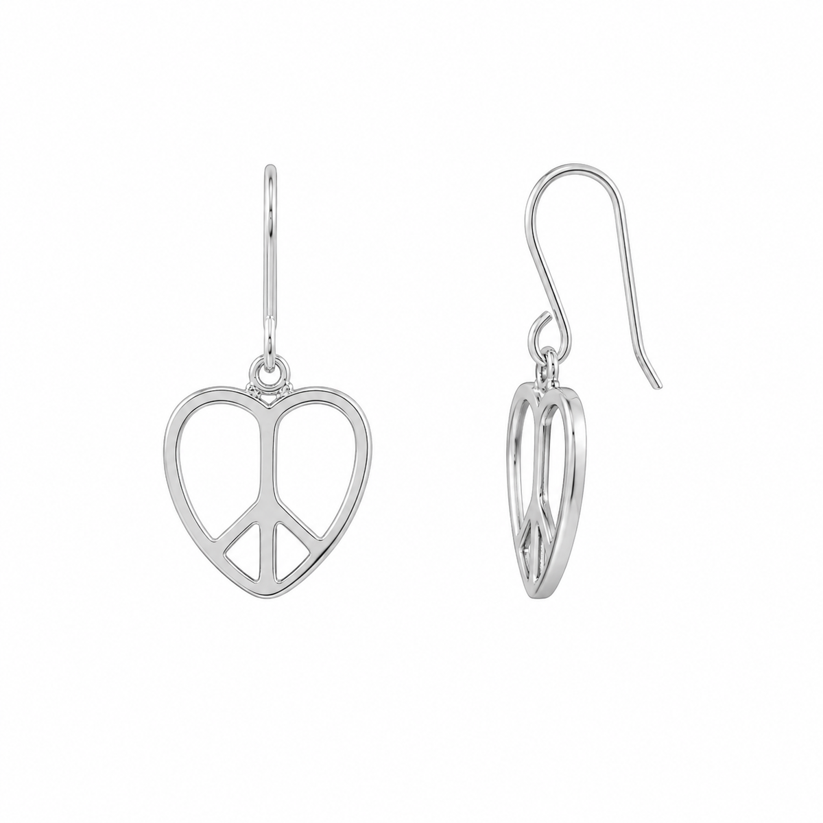Rhodium Plated 925 Silver Plain Heart Peace Sign Dangling Earring and Necklace Set - STS00237