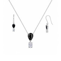 Rhodium Plated 925 Silver Round CZ & Black Onyx Teardrop Dangling Hook Earring and Necklace Set - STS00283