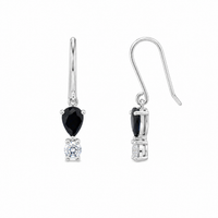 Rhodium Plated 925 Silver Round CZ & Black Onyx Teardrop Dangling Hook Earring and Necklace Set - STS00283