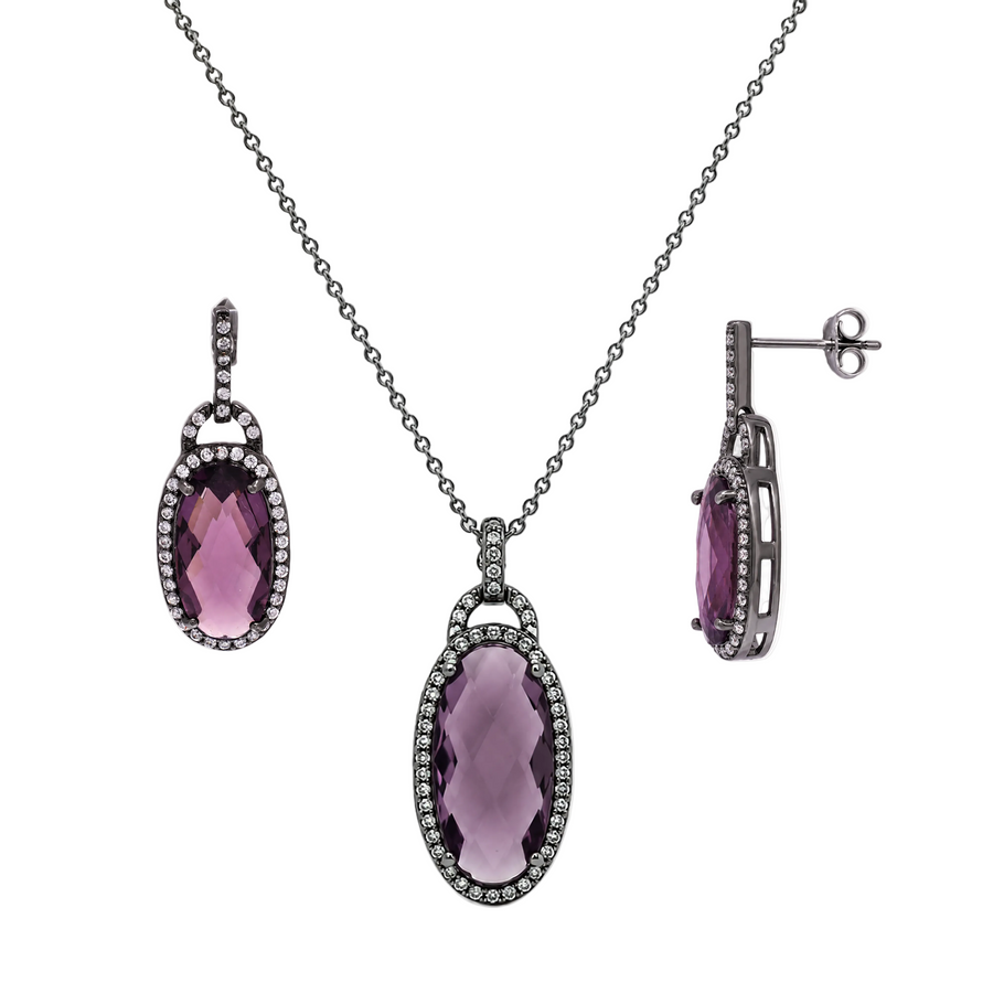 Black Rhodium Plated 925 Silver Oval Purple Hand Cut CZ Dangling Matching Set - STS00301