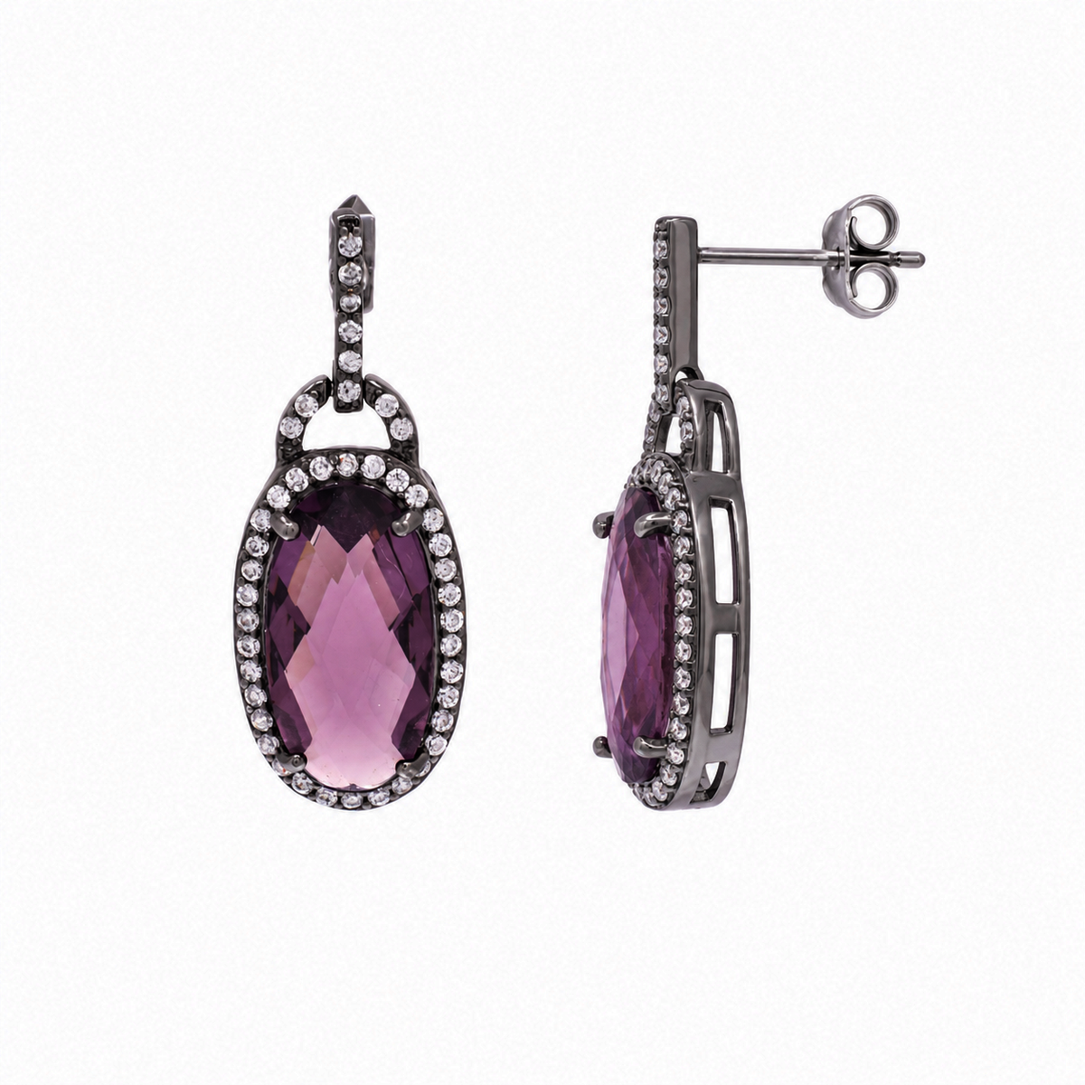 Black Rhodium Plated 925 Silver Oval Purple Hand Cut CZ Dangling Matching Set - STS00301