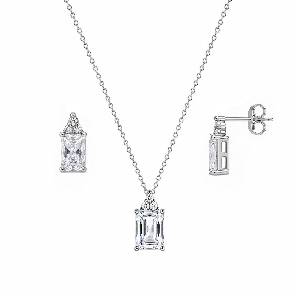 Rhodium Plated 925 Silver Cluster & Princess Cut CZ Stud Earring and Necklace Set - STS00360