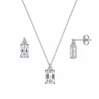 Rhodium Plated 925 Silver Cluster & Princess Cut CZ Stud Earring and Necklace Set - STS00360