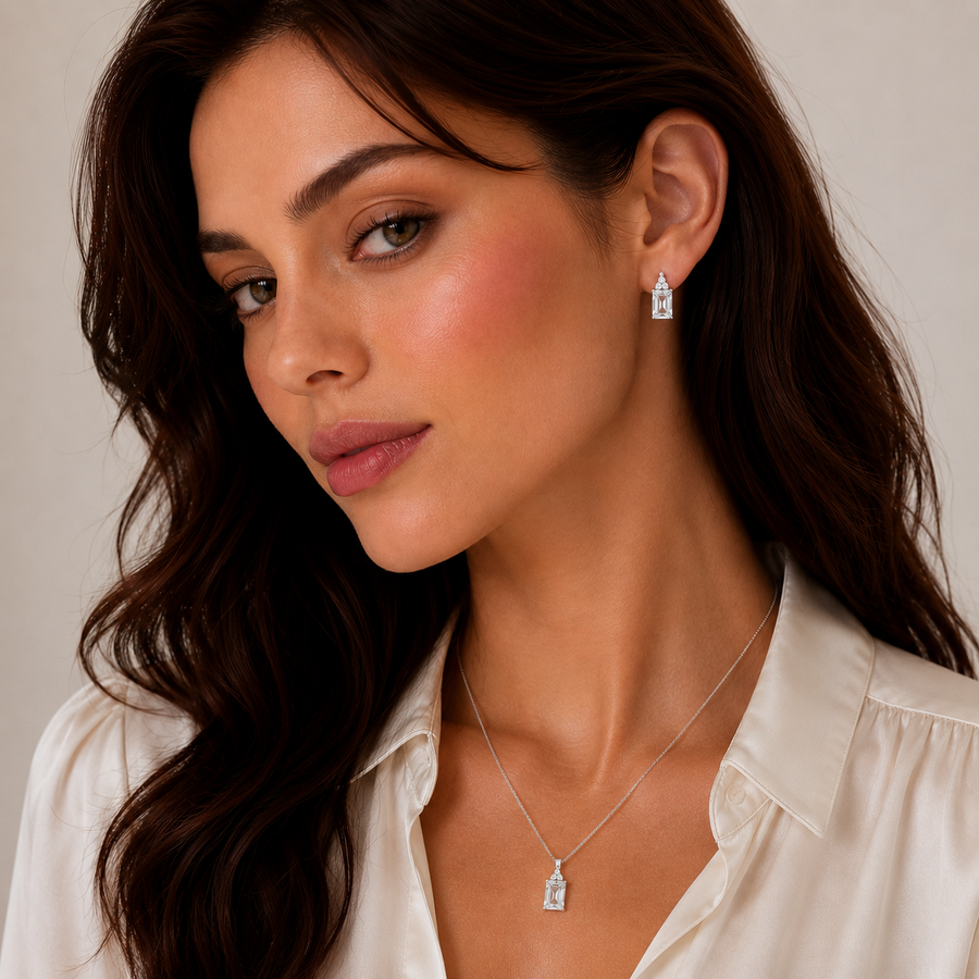 Rhodium Plated 925 Silver Cluster & Princess Cut CZ Stud Earring and Necklace Set - STS00360