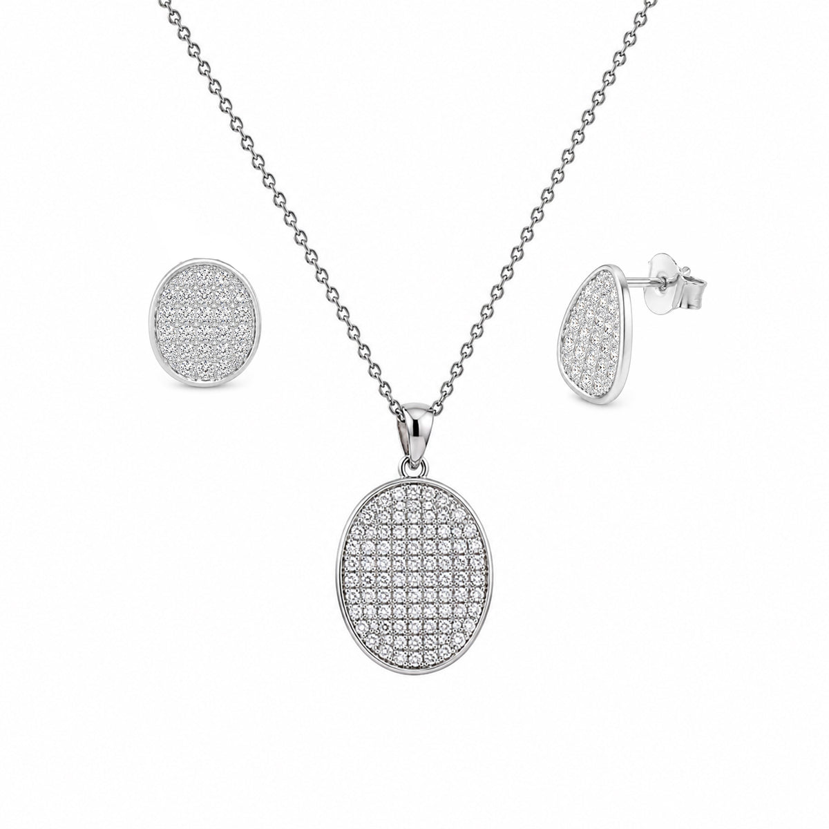 Rhodium Plated 925 Silver Waved Oval CZ Pave Stud Earring and Necklace Set - STS00412