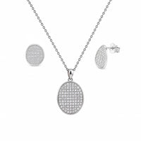 Rhodium Plated 925 Silver Waved Oval CZ Pave Stud Earring and Necklace Set - STS00412