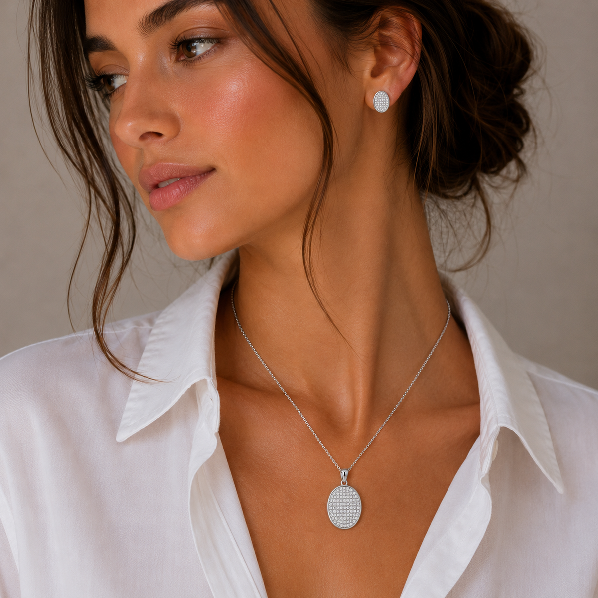 Rhodium Plated 925 Silver Waved Oval CZ Pave Stud Earring and Necklace Set - STS00412