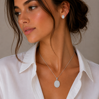 Rhodium Plated 925 Silver Waved Oval CZ Pave Stud Earring and Necklace Set - STS00412