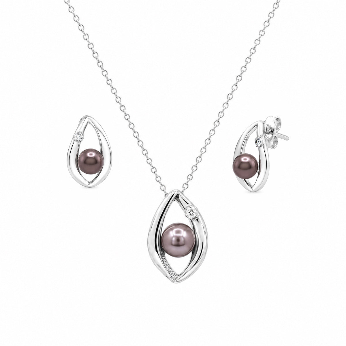 Rhodium Plated 925 Sterling Silver Open Teardrop Center Black Pearl Stud Set - STS00446BLK