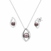 Rhodium Plated 925 Sterling Silver Open Teardrop Center Black Pearl Stud Set - STS00446BLK