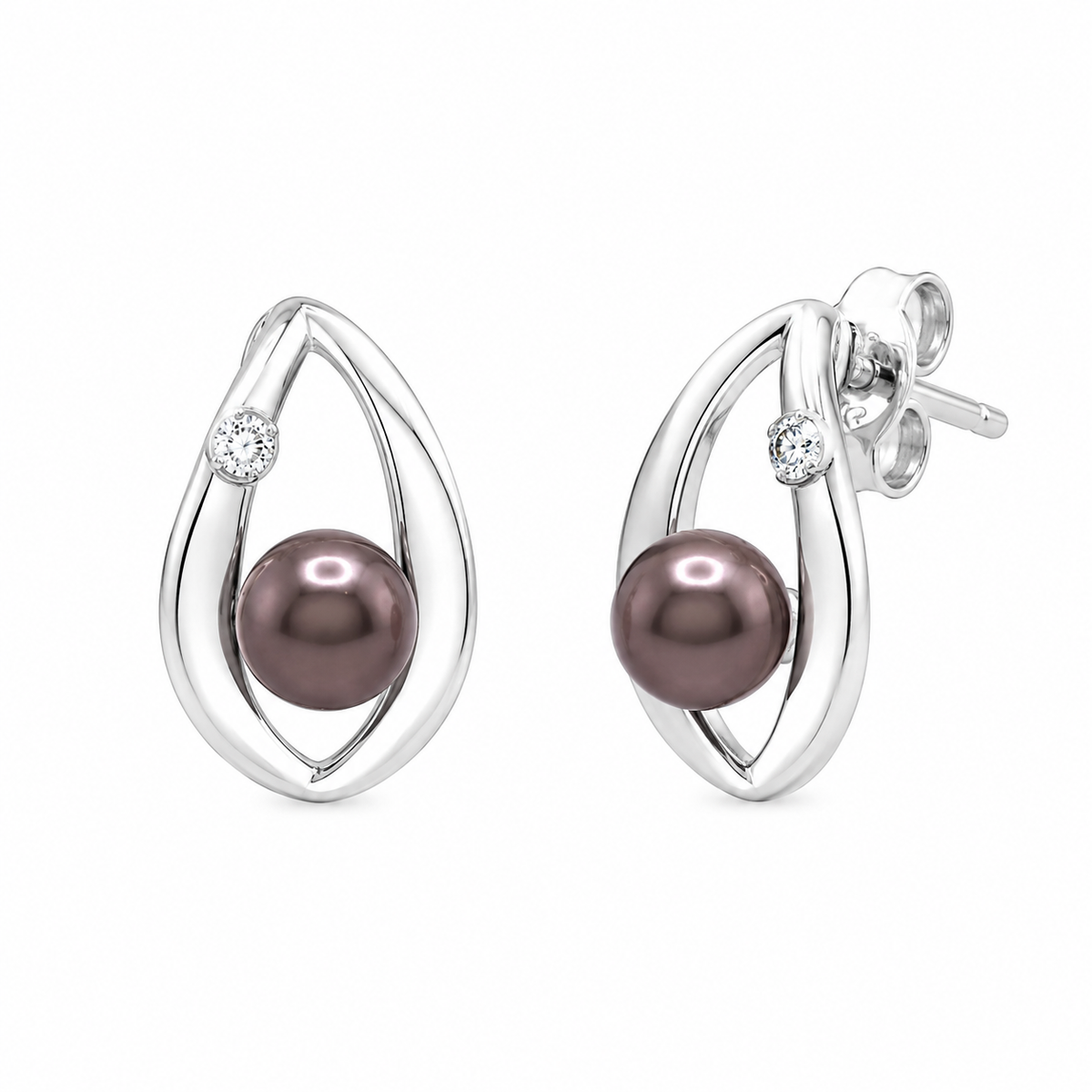 Rhodium Plated 925 Sterling Silver Open Teardrop Center Black Pearl Stud Set - STS00446BLK