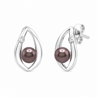 Rhodium Plated 925 Sterling Silver Open Teardrop Center Black Pearl Stud Set - STS00446BLK
