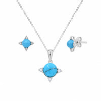 Rhodium Plated 925 Silver Turquoise & CZ Stud Earring and Necklace Set - STS00476
