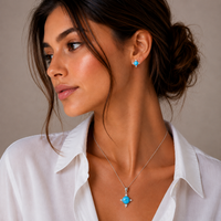 Rhodium Plated 925 Silver Turquoise & CZ Stud Earring and Necklace Set - STS00476
