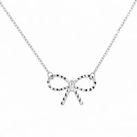 Rhodium Plated 925 Sterling Silver Diamond Cut Dainty Ribbon Bow Necklace - TGN00019
