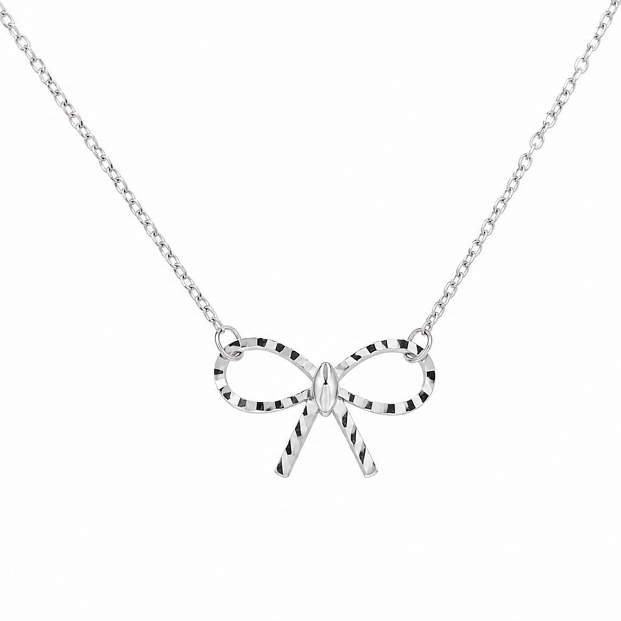 Rhodium Plated 925 Sterling Silver Diamond Cut Dainty Ribbon Bow Necklace - TGN00019