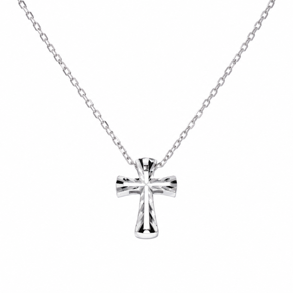 Rhodium Plated 925 Sterling Silver Diamond Cut Cross Necklace - TGN00020