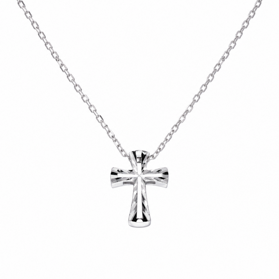 Rhodium Plated 925 Sterling Silver Diamond Cut Cross Necklace - TGN00020