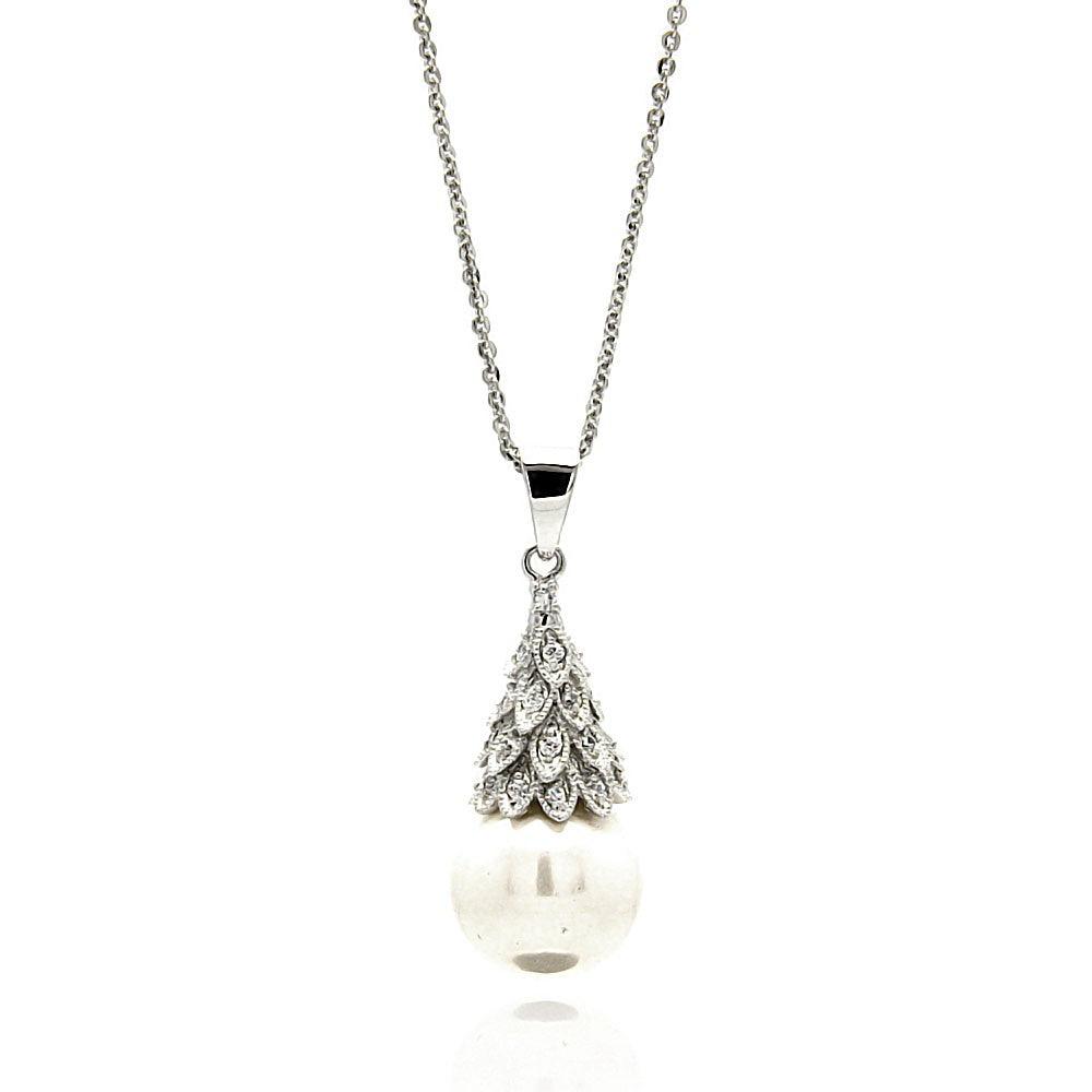 Silver 925 Rhodium Plated Multiple Tiny Leafs CZ Hanging Pearl Necklace - BGP00601