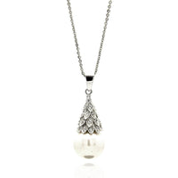 Silver 925 Rhodium Plated Multiple Tiny Leafs CZ Hanging Pearl Necklace - BGP00601