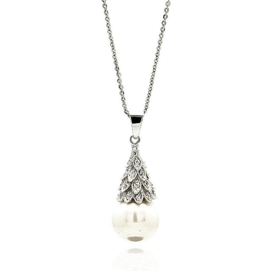 Silver 925 Rhodium Plated Multiple Tiny Leafs CZ Hanging Pearl Necklace - BGP00601