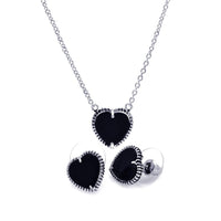 Silver 925 Rhodium Plated Black Onyx Heart Stud Earring and Necklace Set - BGS00112